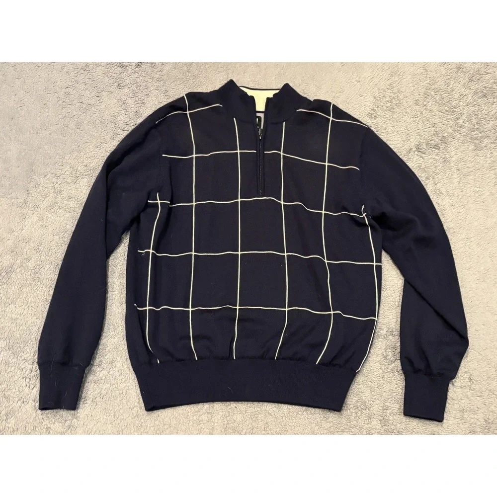 Footjoy Pullover 1/4 Zip Lined Wool Golf Sweater Jacket Mens M Navy Blue Plaid